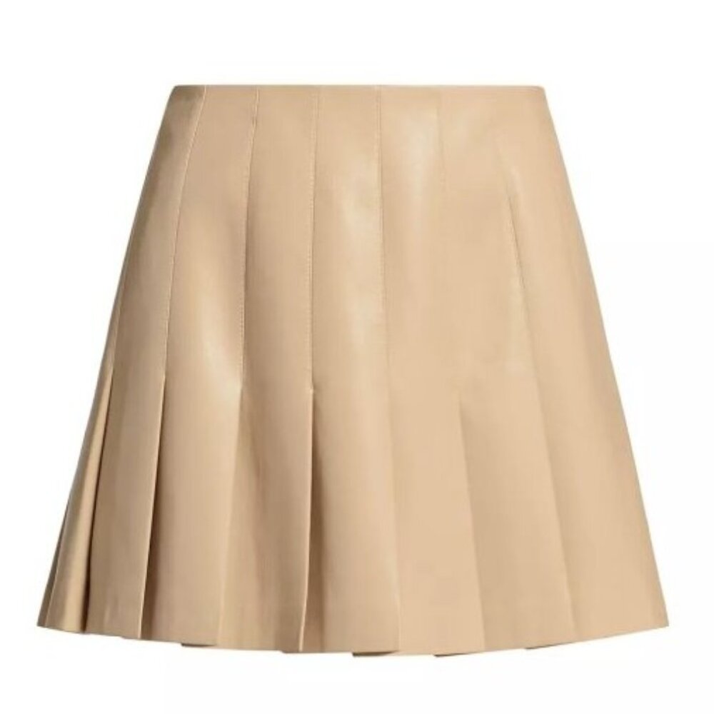 Alice + Olivia Almond Tan Color Carter Vegan Leather Pleated Skirt Size 2
